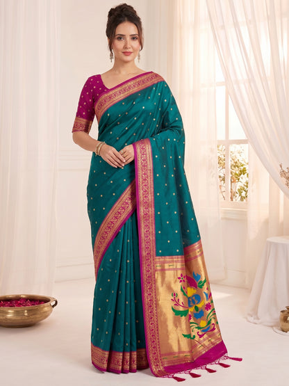 Women's Paithani Silk Saree With Unstitched Blouse Piece