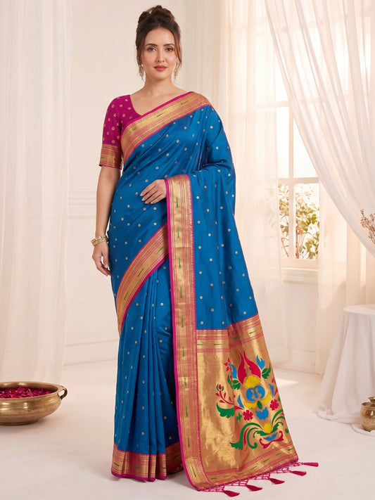 Women's Paithani Silk Saree With Unstitched Blouse Piece