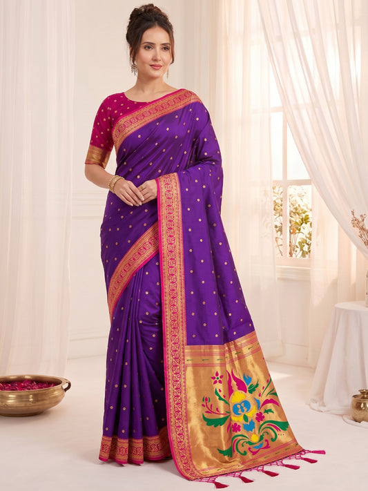 Women's Paithani Silk Saree With Unstitched Blouse Piece