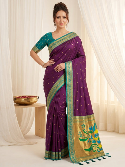 Women's Paithani Silk Saree With Unstitched Blouse Piece