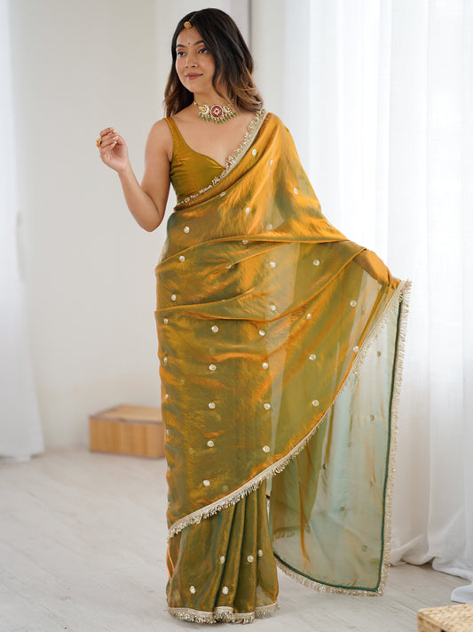 Women's Fendy Satin Saree With Unstitched Blouse Piece