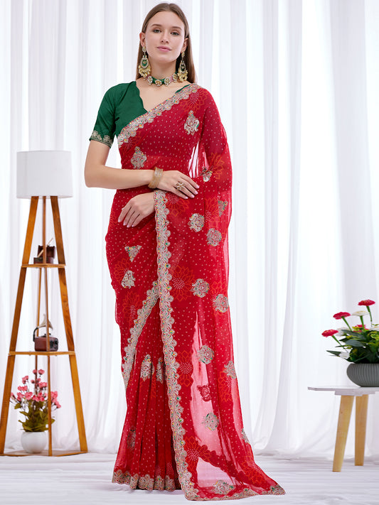 Women's Georgette Bandhani Saree With Unstitched Blouse Piece
