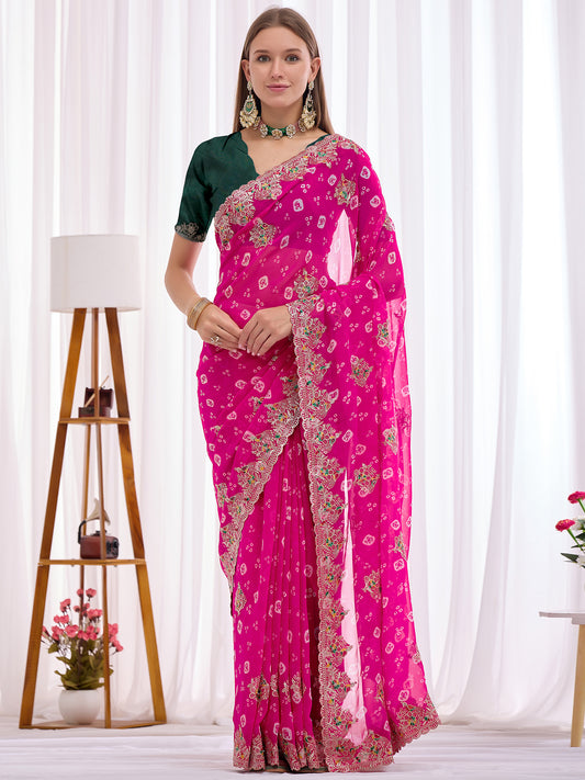 Women's Georgette Bandhani Saree With Unstitched Blouse Piece