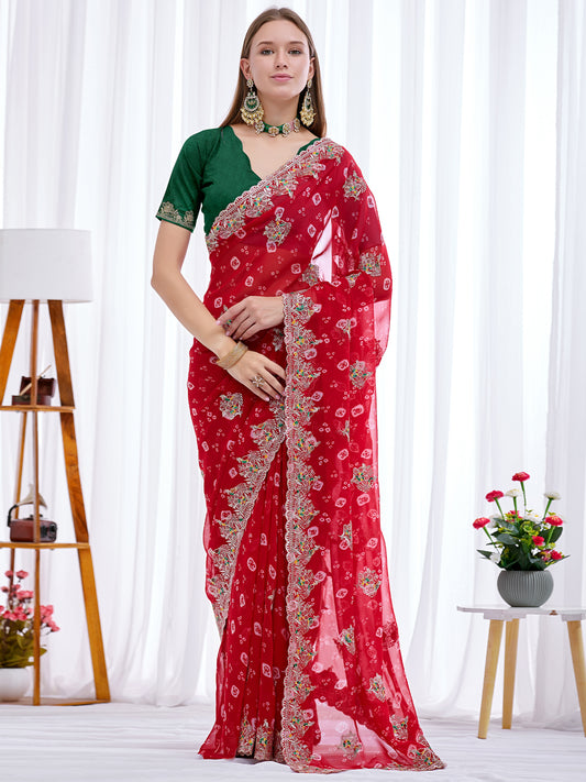 Women's Georgette Bandhani Saree With Unstitched Blouse Piece