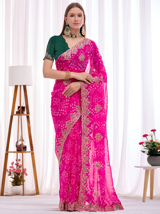 Women's Georgette Bandhani Saree With Unstitched Blouse Piece