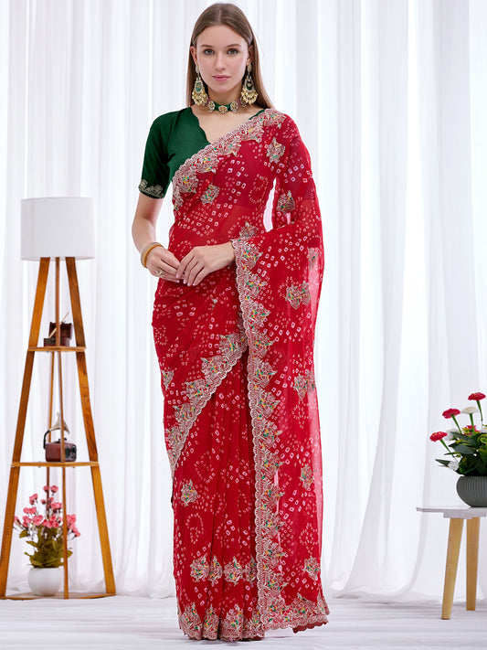 Women's Georgette Bandhani Saree With Unstitched Blouse Piece