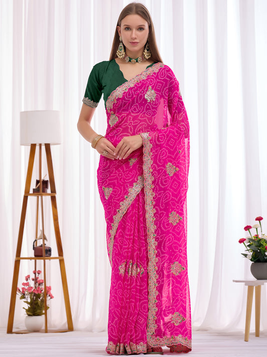 Women's Georgette Bandhani Saree With Unstitched Blouse Piece