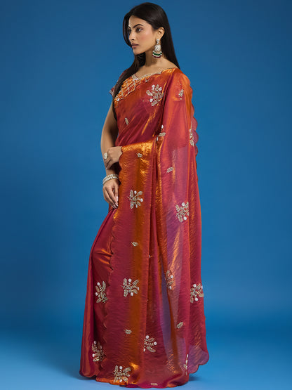 Women's Fendy Satin Saree With Unstitched Blouse Piece