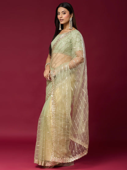 Women's Net Saree With Unstitched Blouse Piece