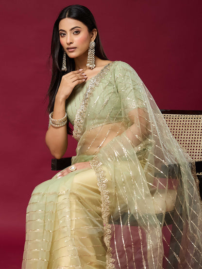 Women's Net Saree With Unstitched Blouse Piece