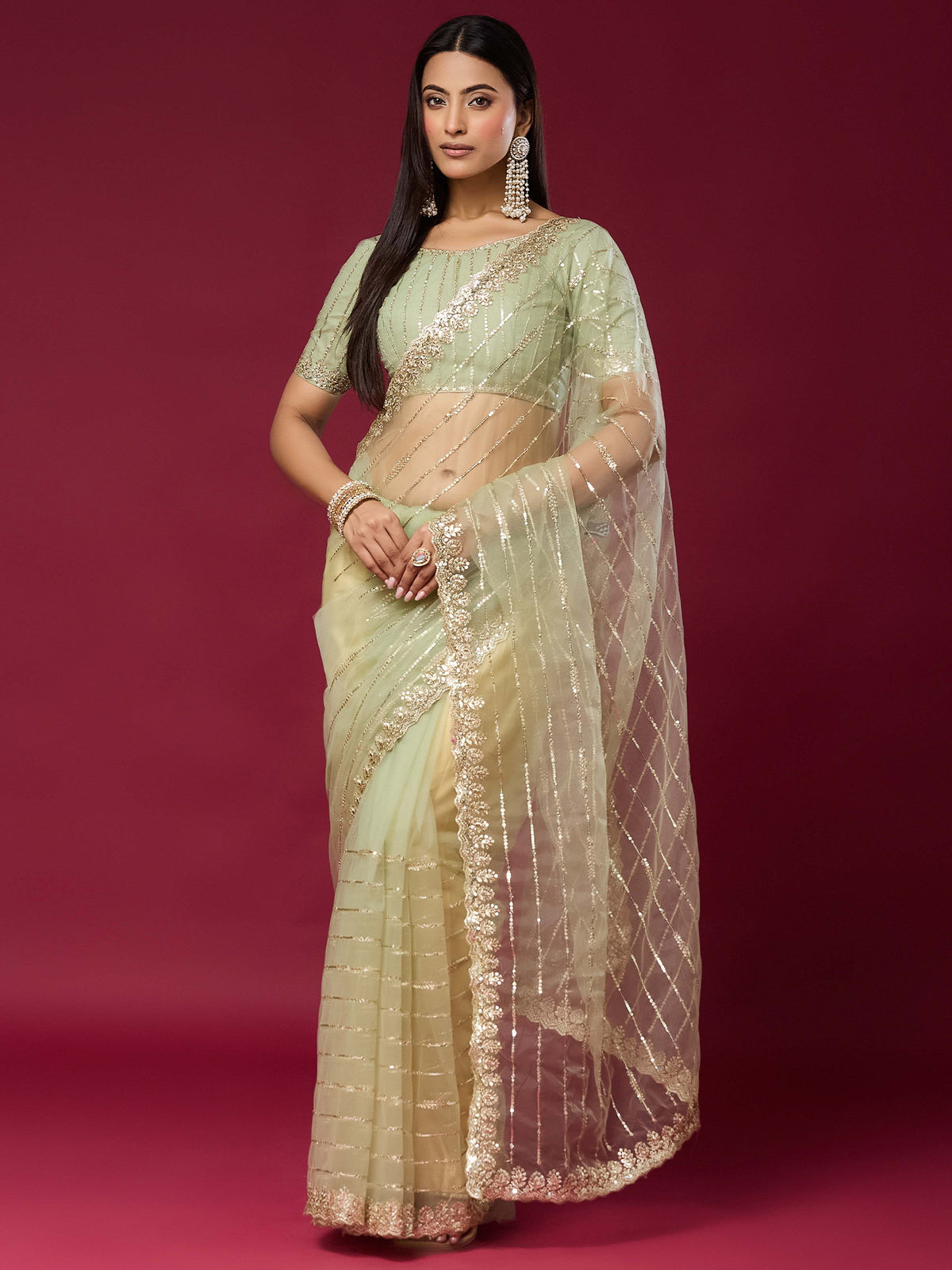 Women's Net Saree With Unstitched Blouse Piece