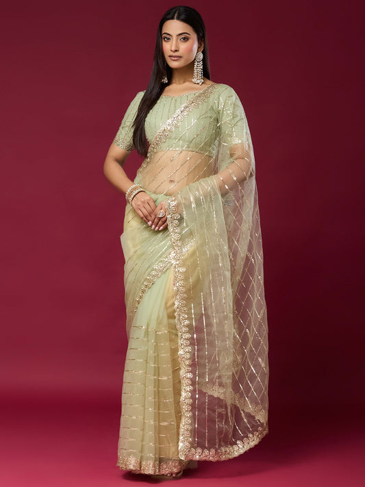 Women's Net Saree With Unstitched Blouse Piece