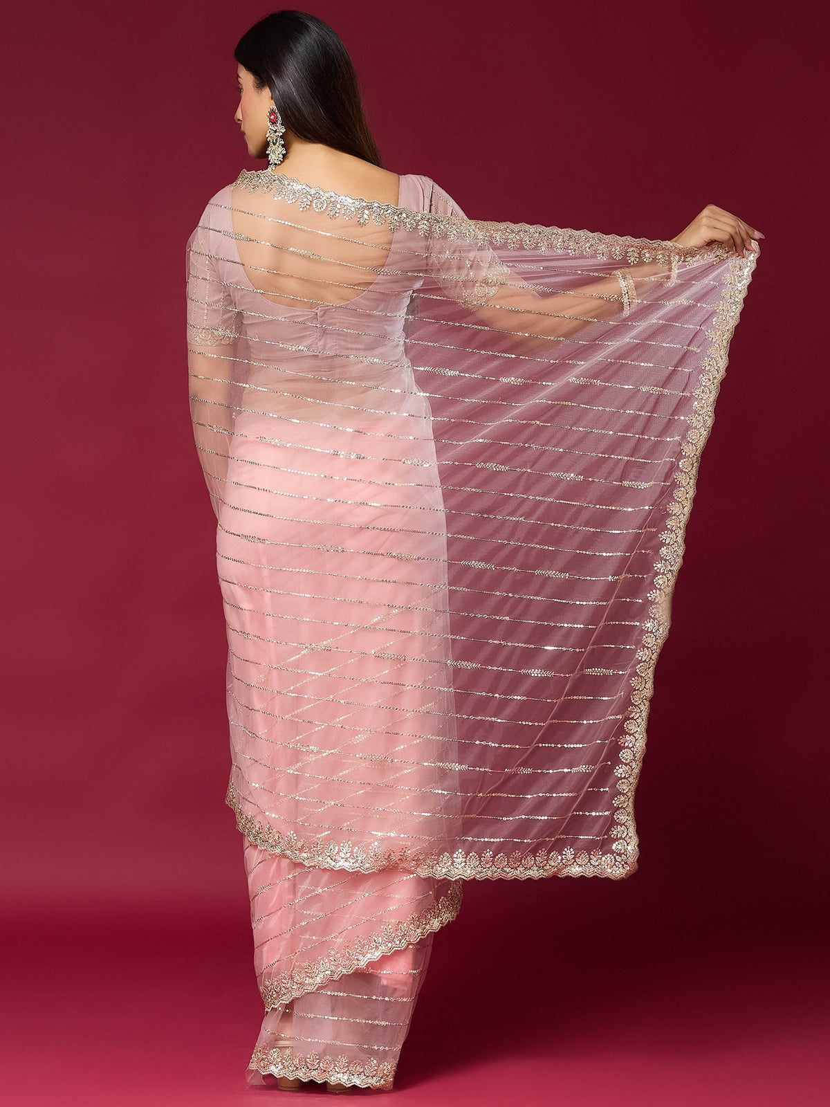 Women's Net Saree With Unstitched Blouse Piece