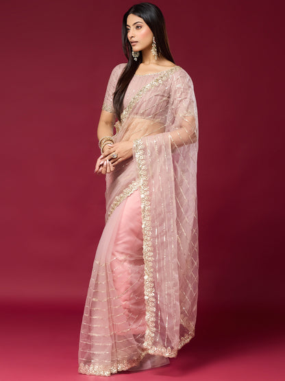 Women's Net Saree With Unstitched Blouse Piece