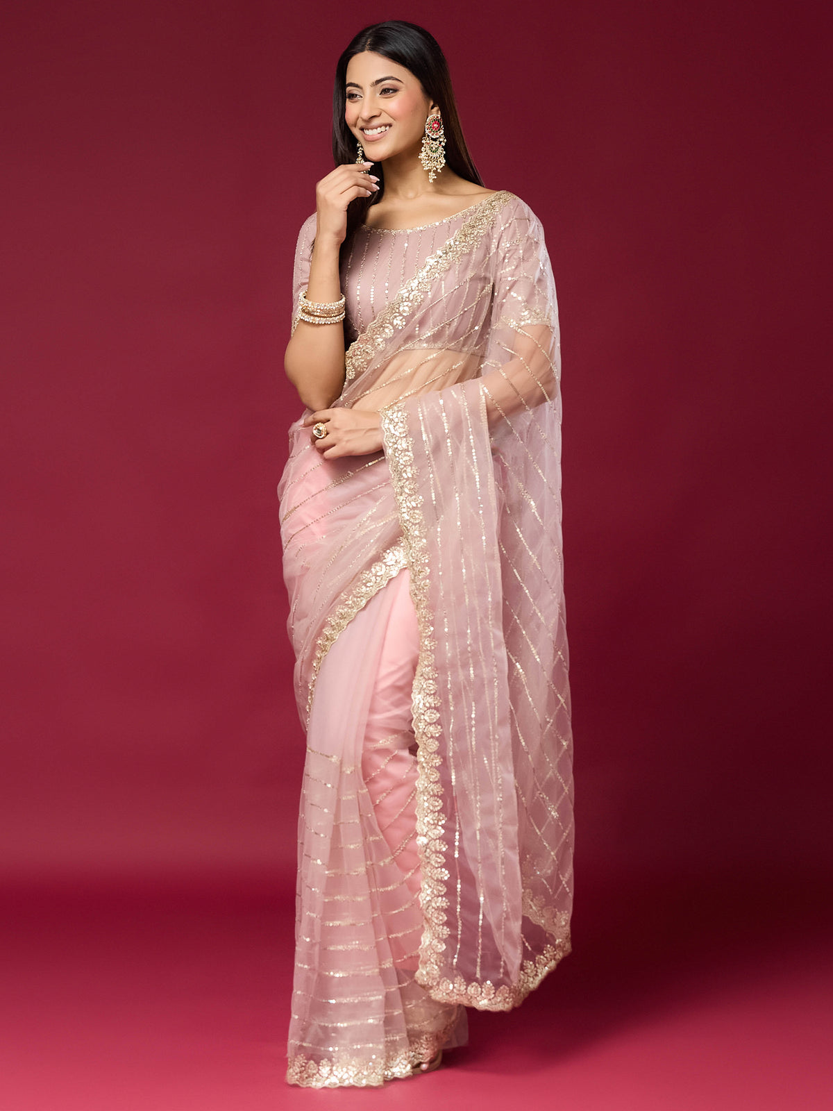Women's Net Saree With Unstitched Blouse Piece