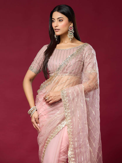 Women's Net Saree With Unstitched Blouse Piece
