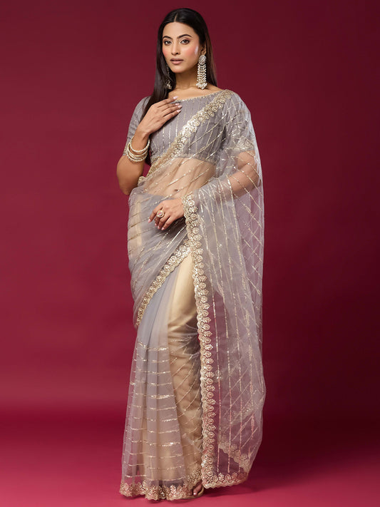 Women's Net Saree With Unstitched Blouse Piece