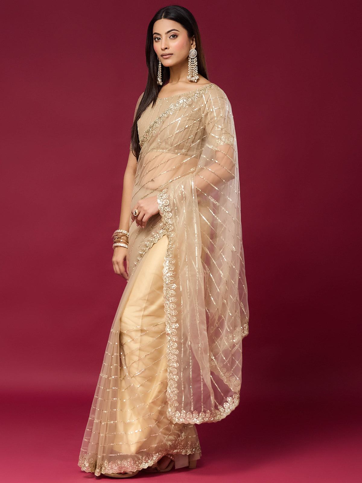 Women's Net Saree With Unstitched Blouse Piece