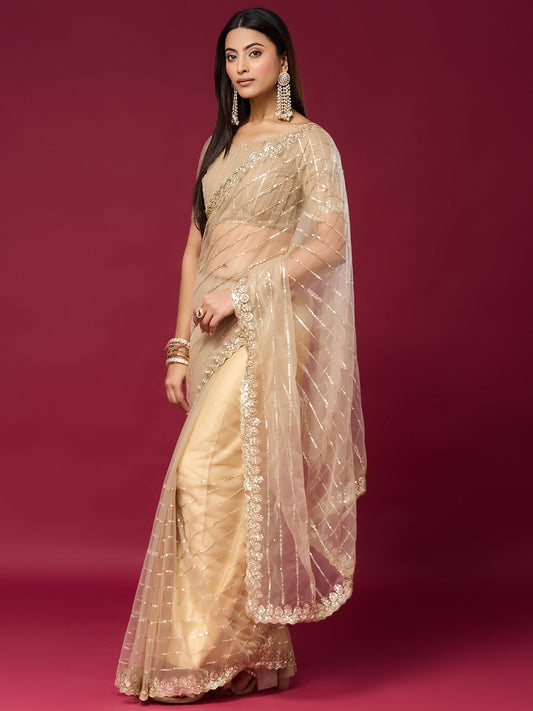 Women's Net Saree With Unstitched Blouse Piece