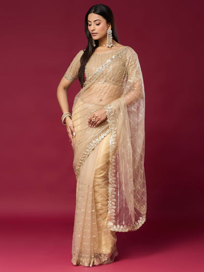 Women's Net Saree With Unstitched Blouse Piece