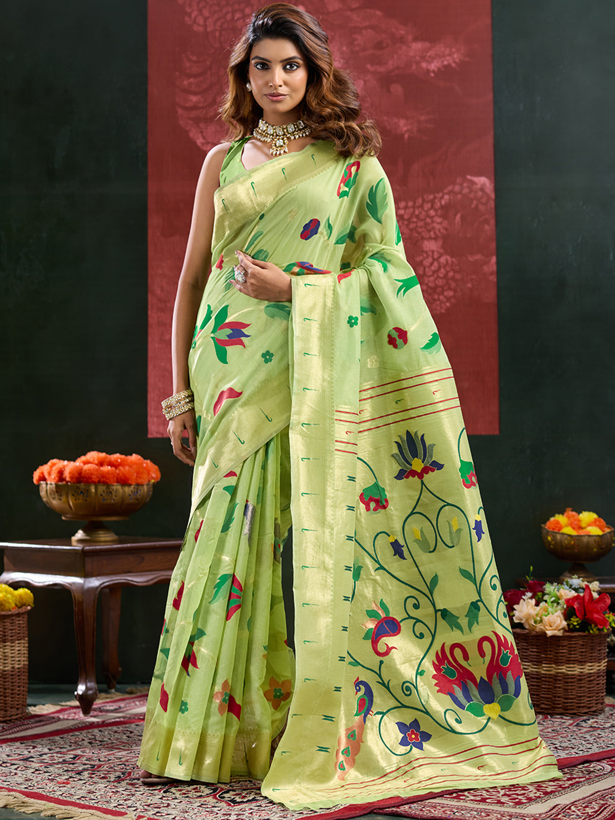Women's Paithani Silk Saree With Unstitched Blouse Piece