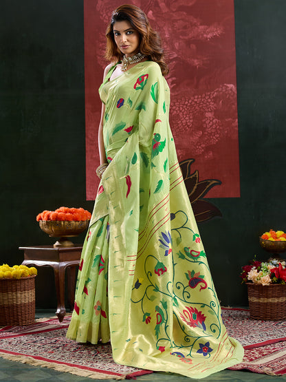 Women's Paithani Silk Saree With Unstitched Blouse Piece