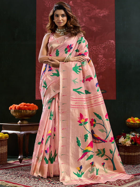 Women's Paithani Silk Saree With Unstitched Blouse Piece