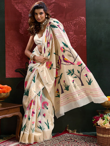 Women's Paithani Silk Saree With Unstitched Blouse Piece