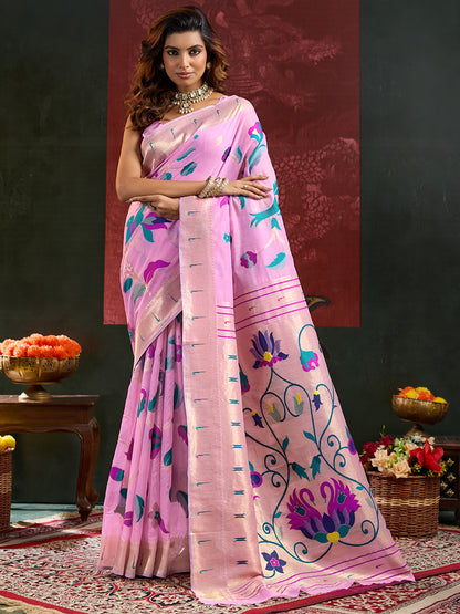Women's Paithani Silk Saree With Unstitched Blouse Piece