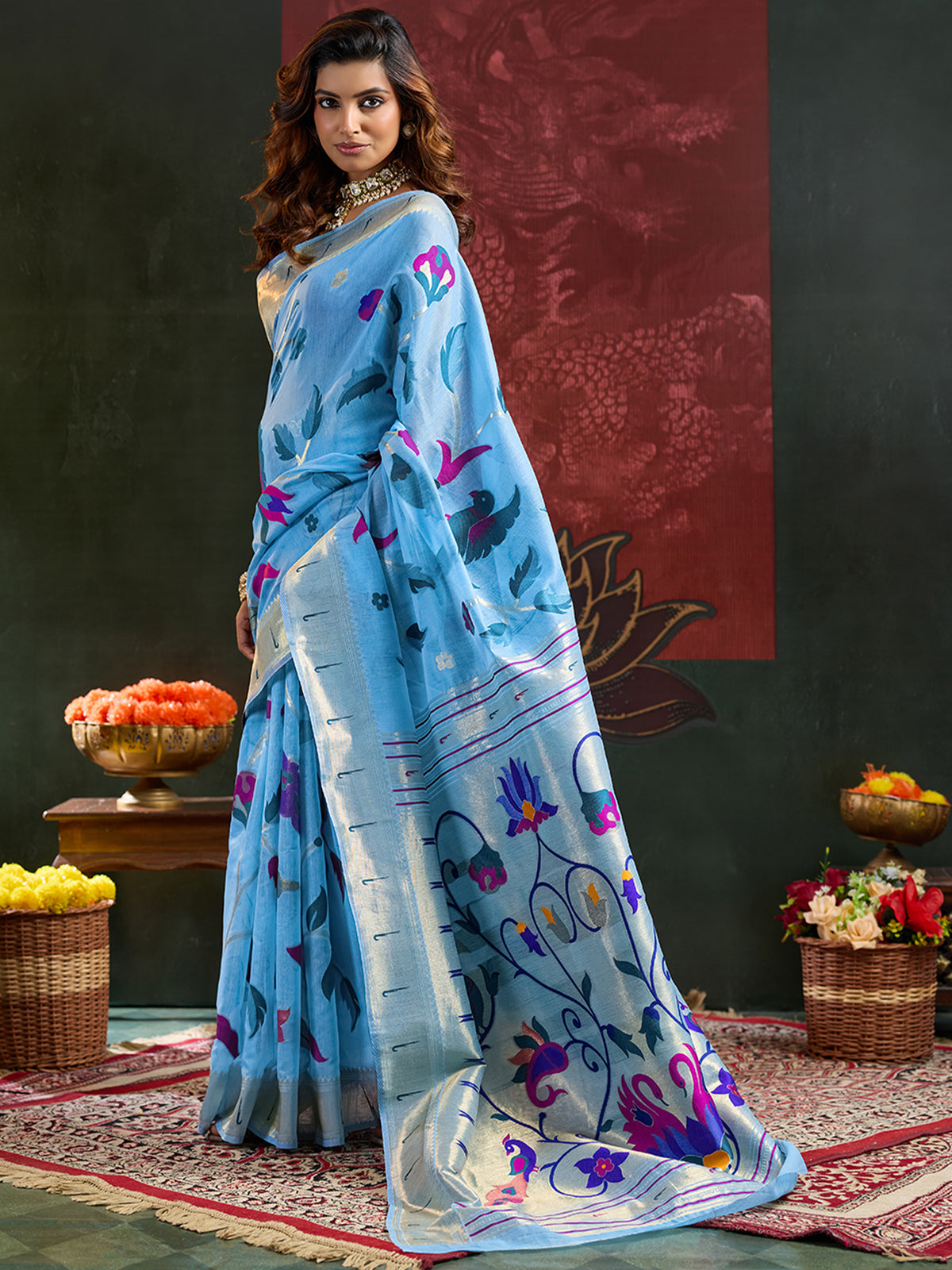 Women's Paithani Silk Saree With Unstitched Blouse Piece