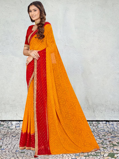 Women's Georgette Bandhani Saree With Unstitched Blouse Piece