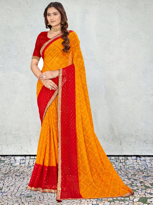Women's Georgette Bandhani Saree With Unstitched Blouse Piece