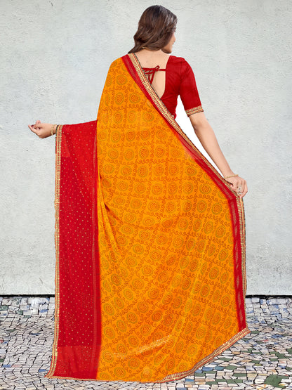 Women's Georgette Bandhani Saree With Unstitched Blouse Piece