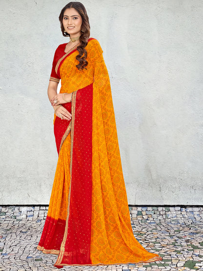 Women's Georgette Bandhani Saree With Unstitched Blouse Piece