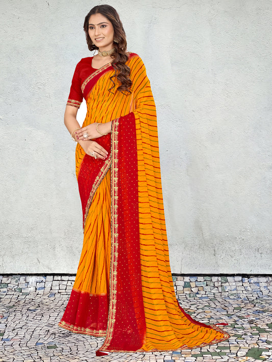 Women's Georgette Bandhani Saree With Unstitched Blouse Piece