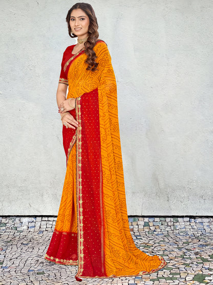 Women's Georgette Bandhani Saree With Unstitched Blouse Piece