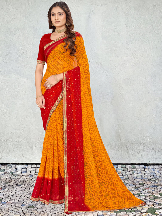 Women's Georgette Bandhani Saree With Unstitched Blouse Piece