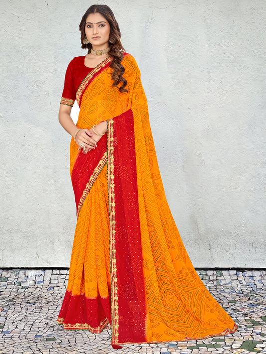 Women's Georgette Bandhani Saree With Unstitched Blouse Piece
