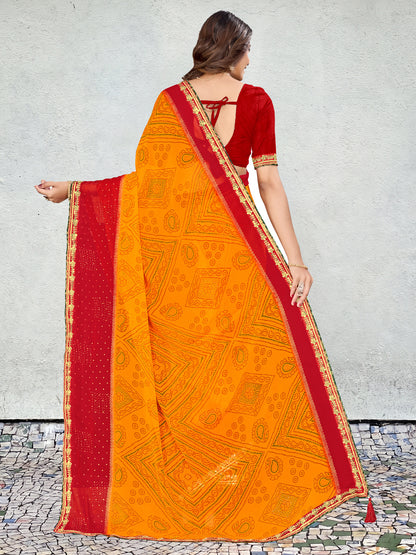 Women's Georgette Bandhani Saree With Unstitched Blouse Piece