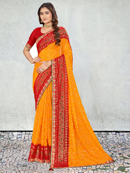 Women's Georgette Bandhani Saree With Unstitched Blouse Piece