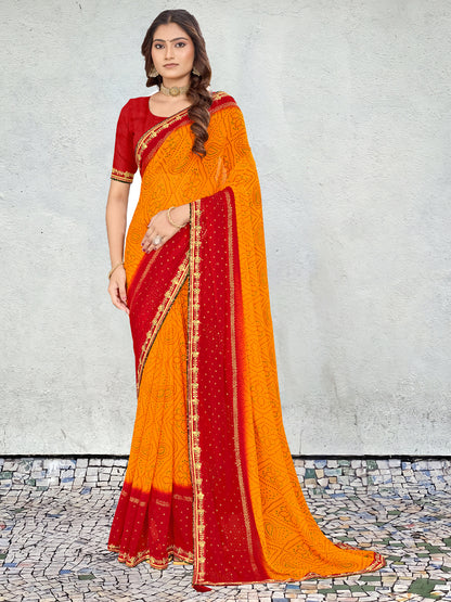 Women's Georgette Bandhani Saree With Unstitched Blouse Piece