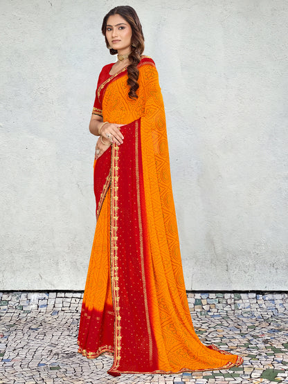 Women's Georgette Bandhani Saree With Unstitched Blouse Piece