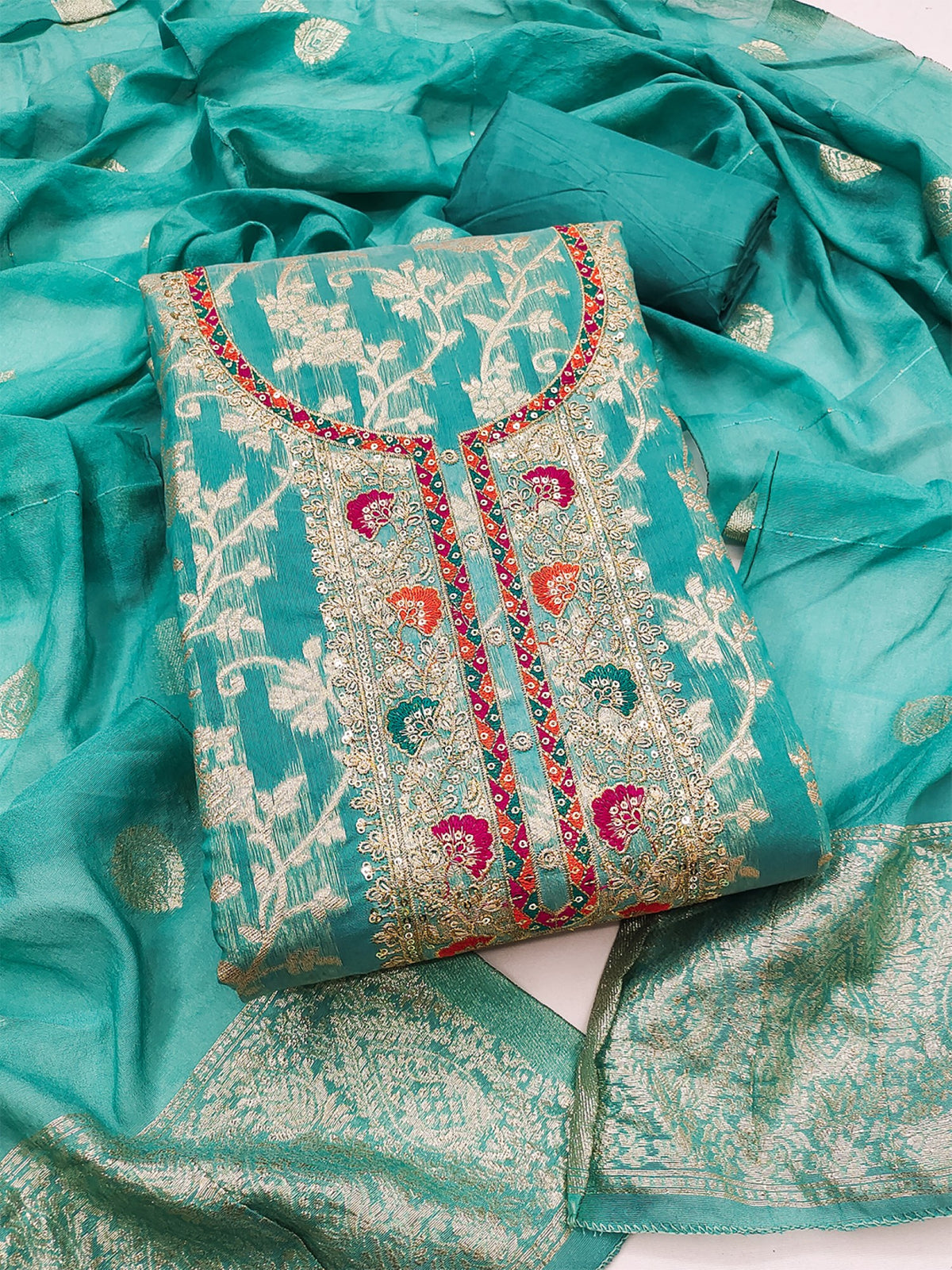 Women's Jacquard Unstitched Dress Material With Sequence Work