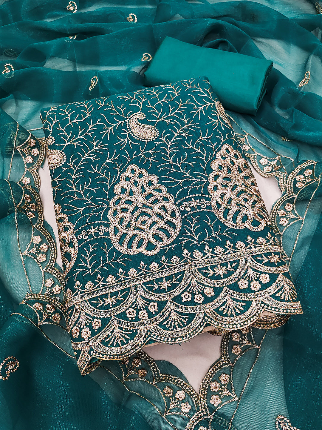 Women's Shimmer Silk Unstitched Dress Material With Embroidery Work