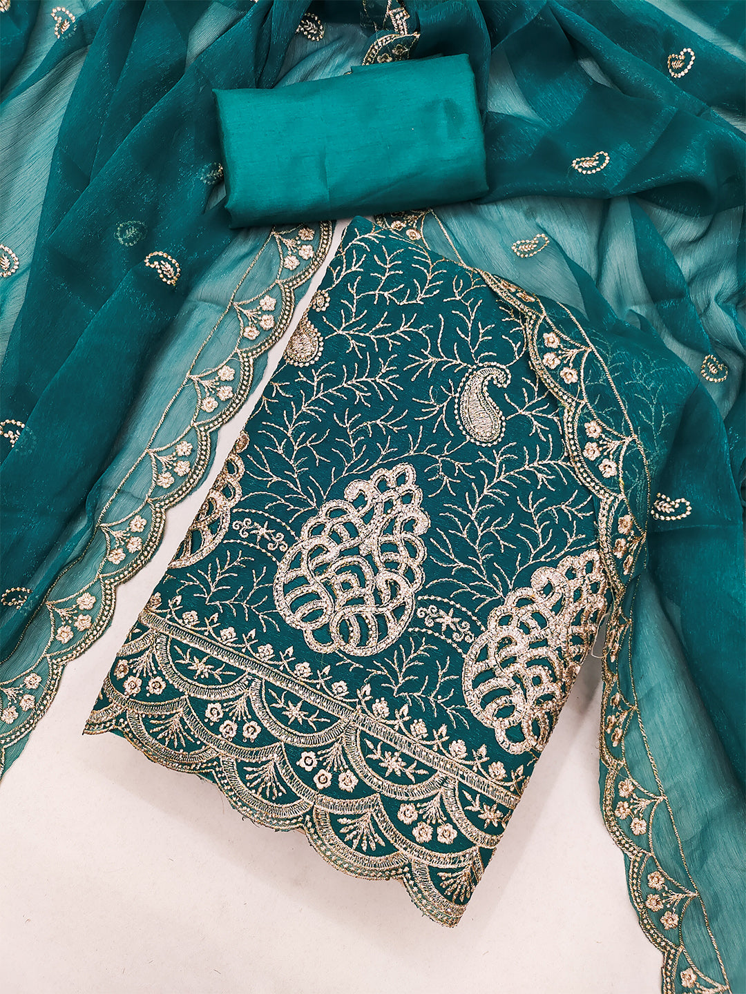 Women's Shimmer Silk Unstitched Dress Material With Embroidery Work