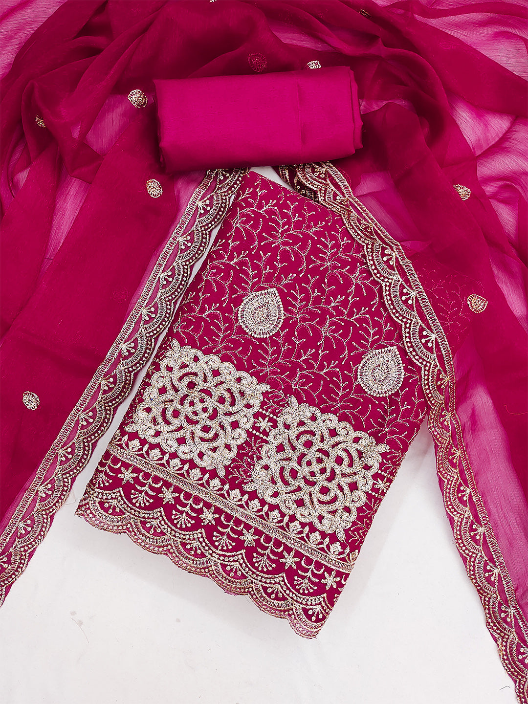 Women's Shimmer Silk Unstitched Dress Material With Embroidery Work