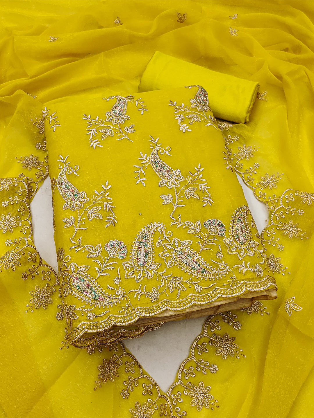 Women's Shimmer Silk Unstitched Dress Material With Embroidery Work