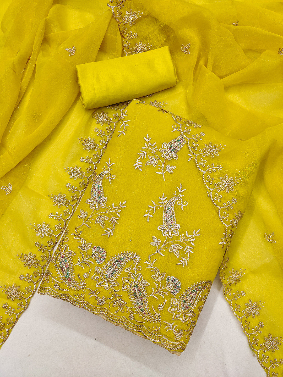 Women's Shimmer Silk Unstitched Dress Material With Embroidery Work