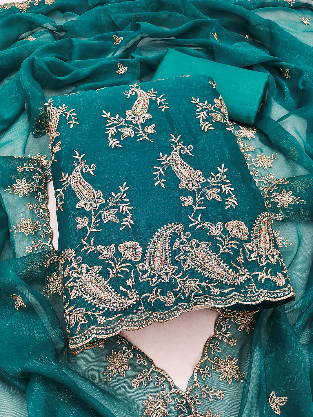 Women's Shimmer Silk Unstitched Dress Material With Embroidery Work