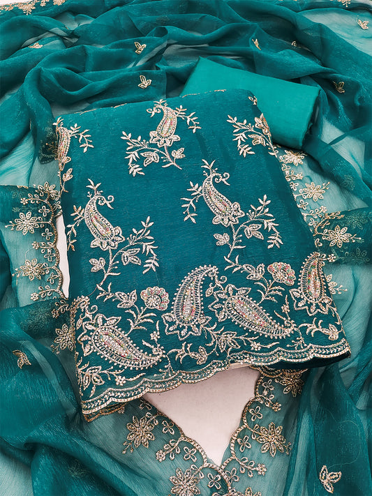 Women's Shimmer Silk Unstitched Dress Material With Embroidery Work